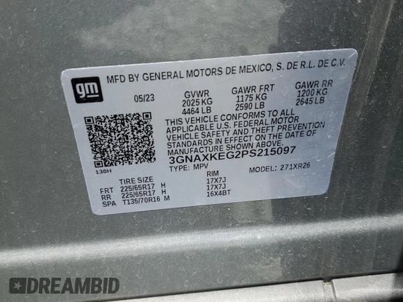 2023 Chevrolet Equinox LT с VIN 3GNAXKEG2PS215097, выставлен на аукционе Copart как лот 58263135 с пробегом 43 710 миль миль и Списание • Salvage title. История ставок и продаж доступна на DreamBid. Изображение 12.