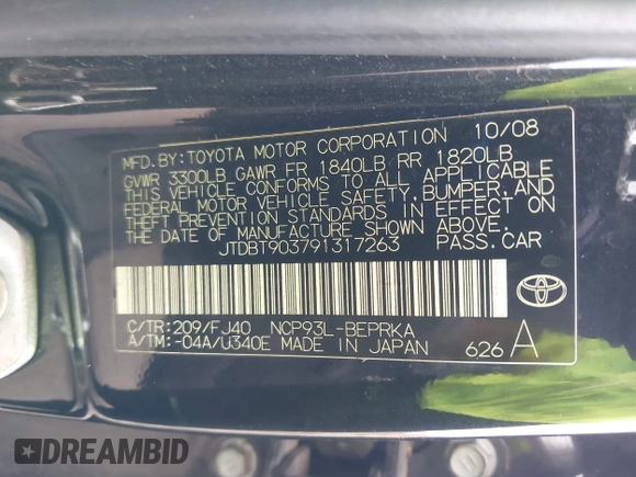 2009 Toyota Yaris z VIN JTDBT903791317263, wystawiony jako IAAI lot #41592270 z przebiegiem 121 283 mil mil oraz . Historia ofert i sprzedaży dostępna na DreamBid. Obrazek 9.