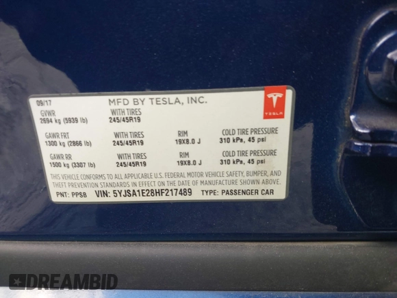 2017 Tesla Model S 100D with VIN 5YJSA1E28HF217489, listed as a IAAI auction lot 42128388 with Not provided miles and . Bid and sale history available at DreamBid. Image 9.