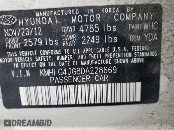 2013 Hyundai Azera с VIN KMHFG4JG8DA228669, выставлен на аукционе Copart как лот 62734185 с пробегом 148 611 миль миль и Чистый • Clean title. История ставок и продаж доступна на DreamBid. Изображение 13.