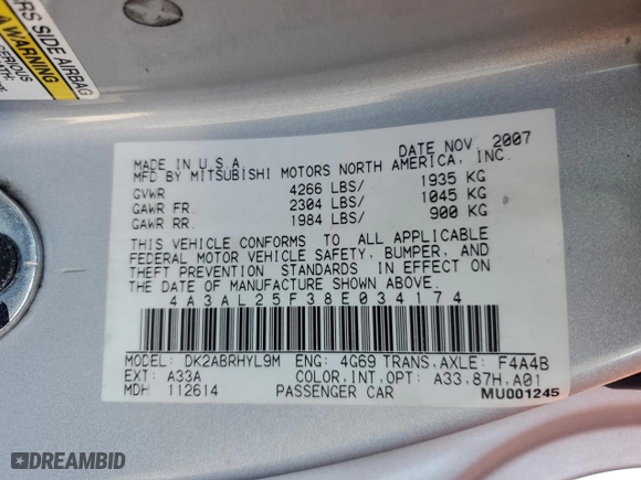 2008 Mitsubishi Eclipse GS with VIN 4A3AL25F38E034174, listed as a Copart auction lot 46838155 with 98,232 mi miles and Salvage Title. Bid and sale history available at carsss.com. Image 12.