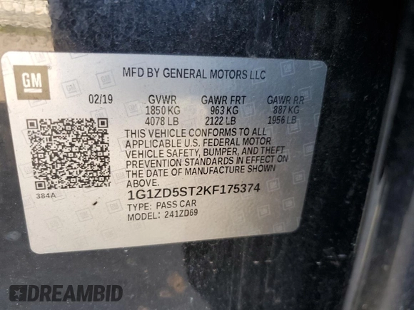 2019 Chevrolet Malibu LT with VIN 1G1ZD5ST2KF175374, listed as a Copart auction lot 75428604 with 104,777 mi miles and Salvage Title. Bid and sale history available at DreamBid. Image 12.