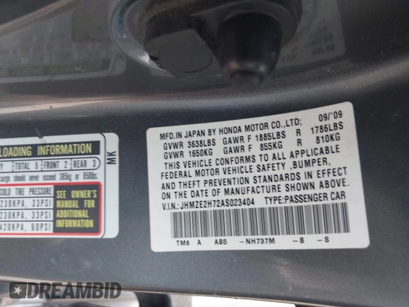 2010 Honda Insight EX z VIN JHMZE2H72AS023404, wystawiony jako IAAI lot #42505042 z przebiegiem Nie podano mil oraz . Historia ofert i sprzedaży dostępna na DreamBid. Obrazek 9.