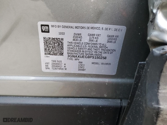 2023 Chevrolet Equinox LT with VIN 3GNAXUEG9PS150258, listed as a Copart auction lot 46547865 with 16,857 mi miles and Salvage Title. Bid and sale history available at carsss.com. Image 13.