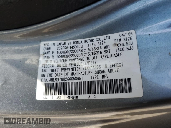 2006 Honda CR-V EX with VIN JHLRD78826C050651, listed as a Copart auction lot 53663705 with 145,694 mi miles and Salvage Title. Bid and sale history available at carsss.com. Image 14.