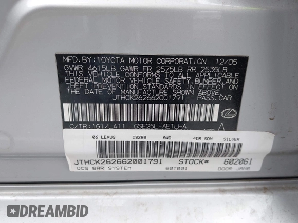2006 Lexus IS 250 with VIN JTHCK262662001791, listed as a IAAI auction lot 42115411 with 158,821 mi miles and . Bid and sale history available at DreamBid. Image 9.