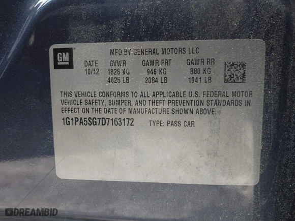 2013 Chevrolet Cruze LS with VIN 1G1PA5SG7D7163172, listed as a IAAI auction lot 42016775 with 183,449 mi miles. Bid and sale history available at carsss.com. Image 9.