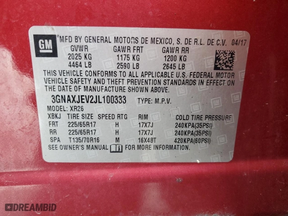 2018 Chevrolet Equinox LT with VIN 3GNAXJEV2JL100333, listed as a Copart auction lot 51228685 with 130,935 mi miles and Salvage Title. Bid and sale history available at carsss.com. Image 13.