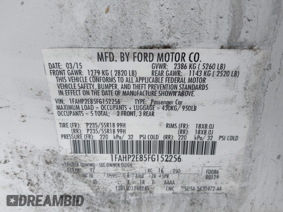 2015 Ford Taurus SEL with VIN 1FAHP2E85FG152256, listed as a IAAI auction lot 41971204 with 120,102 mi miles and . Bid and sale history available at carsss.com. Image 9.