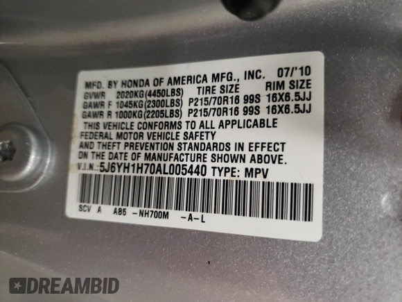 2010 Honda Element EX with VIN 5J6YH1H70AL005440, listed as a Copart auction lot 82518044 with 38,438 mi miles and Salvage Title. Bid and sale history available at DreamBid. Image 12.