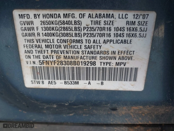 2008 Honda Pilot SE with VIN 5FNYF28308B019298, listed as a IAAI auction lot 41352461 with 283,806 mi miles. Bid and sale history available at carsss.com. Image 9.