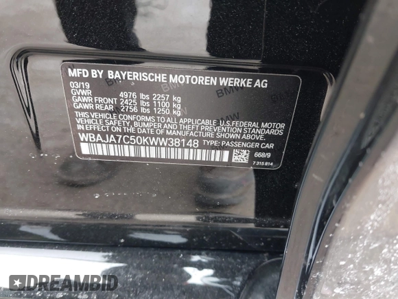 2019 BMW 5 Series 530i xDrive with VIN WBAJA7C50KWW38148, listed as a IAAI auction lot 41707858 with Not Provided miles and . Bid and sale history available at DreamBid. Image 9.