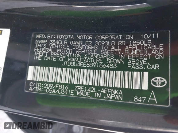 2011 Toyota Corolla L with VIN JTDBU4EE8B9166483, listed as a IAAI auction lot 42063661 with 139,311 mi miles and . Bid and sale history available at DreamBid. Image 9.