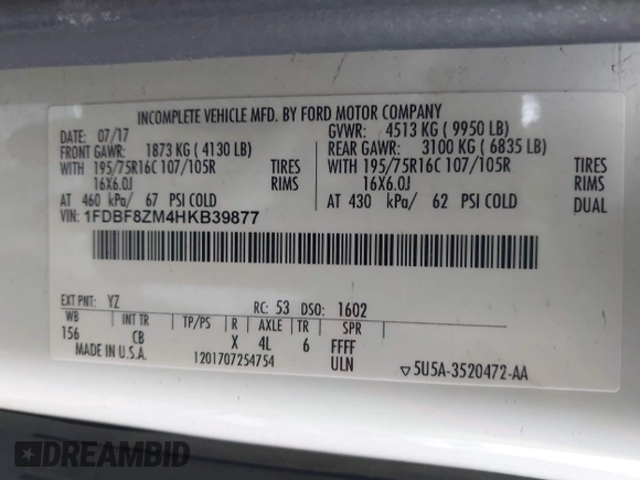 2017 Ford Transit with VIN 1FDBF8ZM4HKB39877, listed as a IAAI auction lot 40641877 with Not provided miles and . Bid and sale history available at DreamBid. Image 9.