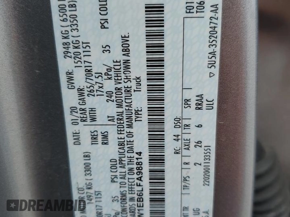 2020 Ford F-150 XL with VIN 1FTEW1EB6LFA98814, listed as a Copart auction lot 60810255 with 137,672 mi miles and Salvage title. Bid and sale history available at DreamBid. Image 12.