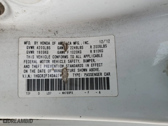 2013 Honda Accord Sdn LX with VIN 1HGCR2F34DA074152, listed as a Copart auction lot 54071085 with 199,846 mi miles and Salvage Title. Bid and sale history available at carsss.com. Image 12.