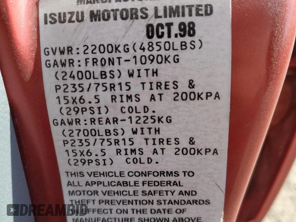 1999 Isuzu Rodeo S with VIN 4S2CM58WXX4318576, listed as a Copart auction lot 44378265 with 258,981 mi miles and Salvage Title. Bid and sale history available at DreamBid. Image 13.