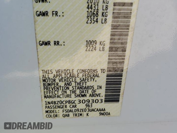 2016 Nissan LEAF S with VIN 1N4BZ0CP8GC309303, listed as a Copart auction lot 71100714 with 35,129 mi miles and Salvage Title. Bid and sale history available at carsss.com. Image 13.