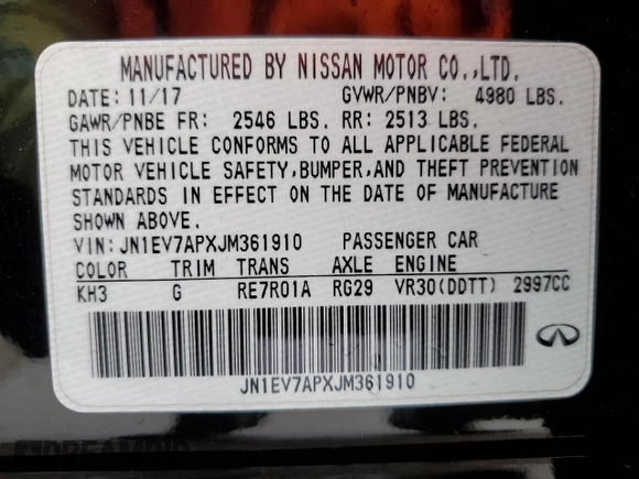 2018 Infiniti Q50 Luxe with VIN JN1EV7APXJM361910, listed as a Copart auction lot 45209005 with 78,544 mi miles and Clean title. Bid and sale history available at DreamBid. Image 16.