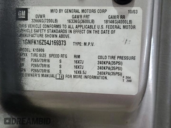 2004 Chevrolet Suburban LT z VIN 1GNFK16Z54J169373, wystawiony jako Copart lot #48302565 z przebiegiem 303 605 mil mil oraz Szkoda całkowita • Salvage title. Historia ofert i sprzedaży dostępna na DreamBid. Obrazek 13.