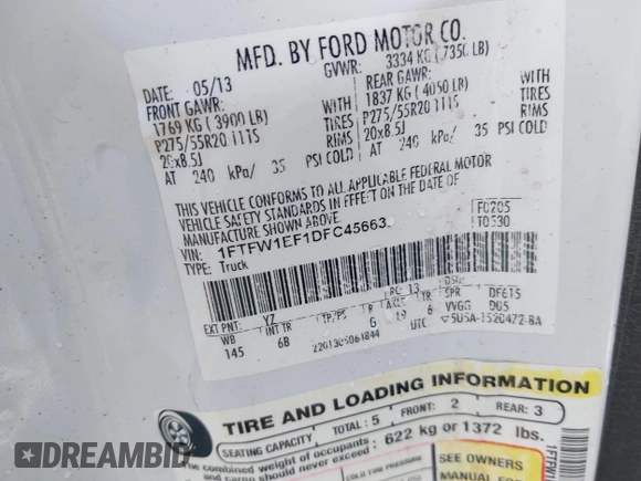 2013 Ford F-150 XL с VIN 1FTFW1EF1DFC45663, выставлен на аукционе IAAI как лот 42569818 с пробегом 175 248 миль миль и . История ставок и продаж доступна на DreamBid. Изображение 9.