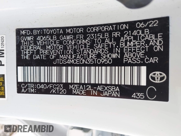 2022 Toyota Corolla SE with VIN JTDS4MCE0N3510950, listed as a IAAI auction lot 41801924 with 23,912 mi miles. Bid and sale history available at carsss.com. Image 9.
