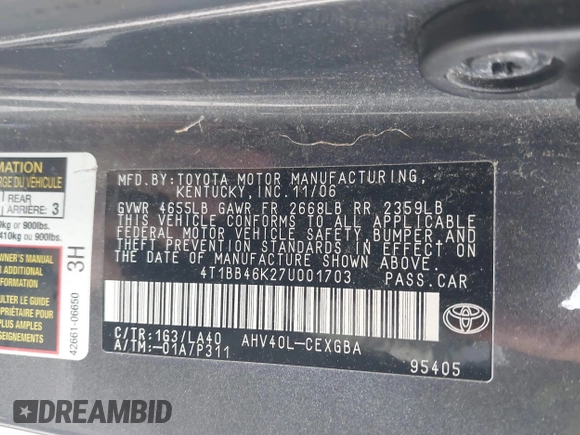 2007 Toyota Camry z VIN 4T1BB46K27U001703, wystawiony jako IAAI lot #42316610 z przebiegiem 211 752 mil mil oraz . Historia ofert i sprzedaży dostępna na DreamBid. Obrazek 9.
