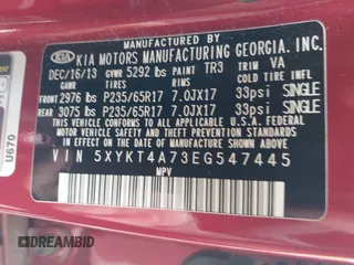2014 Kia Sorento LX z VIN 5XYKT4A73EG547445, wystawiony jako IAAI lot #42277363 z przebiegiem 76 026 mil mil oraz . Historia ofert i sprzedaży dostępna na DreamBid. Obrazek 9.