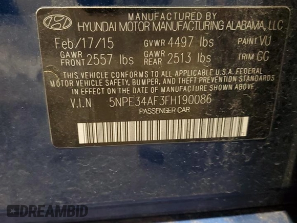 2015 Hyundai Sonata 2.4L Sport with VIN 5NPE34AF3FH190086, listed as a Copart auction lot 54353035 with 101,164 mi miles and Clean Title. Bid and sale history available at carsss.com. Image 12.