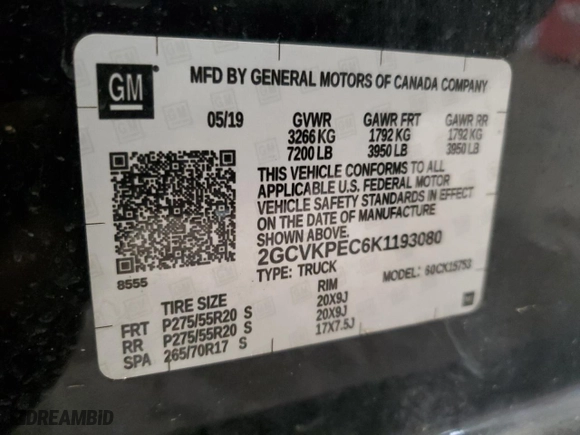 2019 Chevrolet Silverado 1500 LD LT with VIN 2GCVKPEC6K1193080, listed as a Copart auction lot 46754755 with 0 mi miles and Salvage Title. Bid and sale history available at carsss.com. Image 12.
