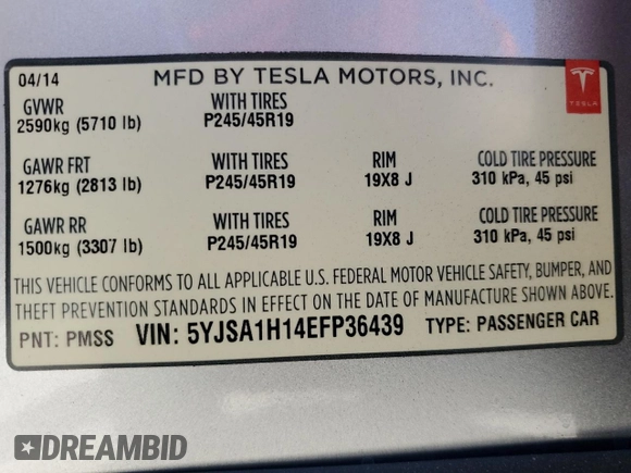 2014 Tesla Model S 60 z VIN 5YJSA1H14EFP36439, wystawiony jako Copart lot #65833035 z przebiegiem 66 090 mil mil oraz Czysty tytuł • Clean title. Historia ofert i sprzedaży dostępna na DreamBid. Obrazek 12.