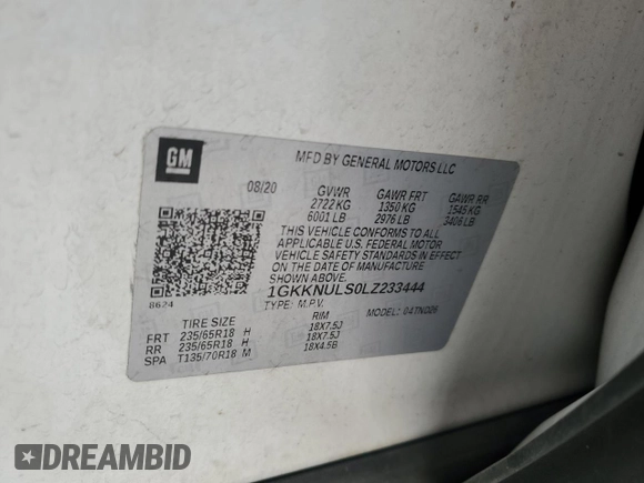 2020 GMC Acadia SLT z VIN 1GKKNULS0LZ233444, wystawiony jako Copart lot #58916195 z przebiegiem 115 887 mil mil oraz Szkoda całkowita • Salvage title. Historia ofert i sprzedaży dostępna na DreamBid. Obrazek 13.