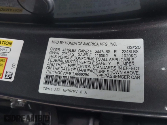 2020 Honda Accord Touring with VIN 1HGCV3F91LA009294, listed as a IAAI auction lot 41160588 with 84,937 mi miles and . Bid and sale history available at DreamBid. Image 9.