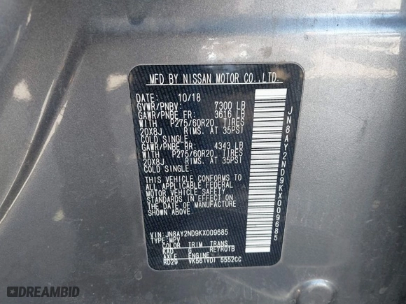 2019 Nissan Armada SL with VIN JN8AY2ND9KX009685, listed as a IAAI auction lot 40892639 with 121,304 mi miles. Bid and sale history available at carsss.com. Image 9.