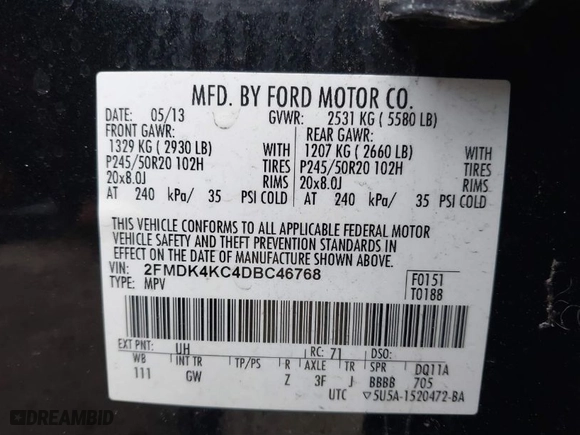 2013 Ford Edge Limited with VIN 2FMDK4KC4DBC46768, listed as a IAAI auction lot 41744838 with 166,087 mi miles. Bid and sale history available at carsss.com. Image 9.