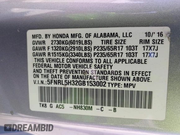 2016 Honda Odyssey SE with VIN 5FNRL5H32GB153002, listed as a IAAI auction lot 42084022 with 63,764 mi miles and . Bid and sale history available at DreamBid. Image 9.