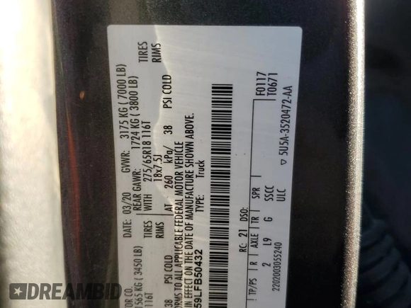 2020 Ford F-150 XL with VIN 1FTEW1E59LFB50432, listed as a Copart auction lot 49317235 with 220,726 mi miles and Salvage title. Bid and sale history available at DreamBid. Image 12.