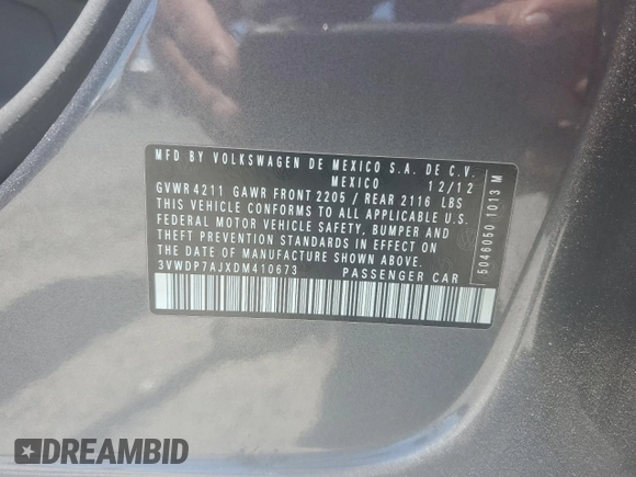 2013 Volkswagen Jetta SE with VIN 3VWDP7AJXDM410673, listed as a Copart auction lot 63515505 with 109,235 mi miles and Salvage title. Bid and sale history available at DreamBid. Image 12.