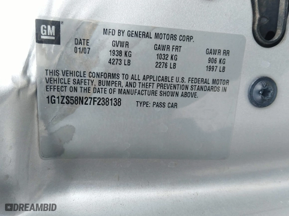 2007 Chevrolet Malibu LS w/2FL with VIN 1G1ZS58N27F238138, listed as a IAAI auction lot 36700571 with 206,984 mi miles. Bid and sale history available at carsss.com. Image 9.