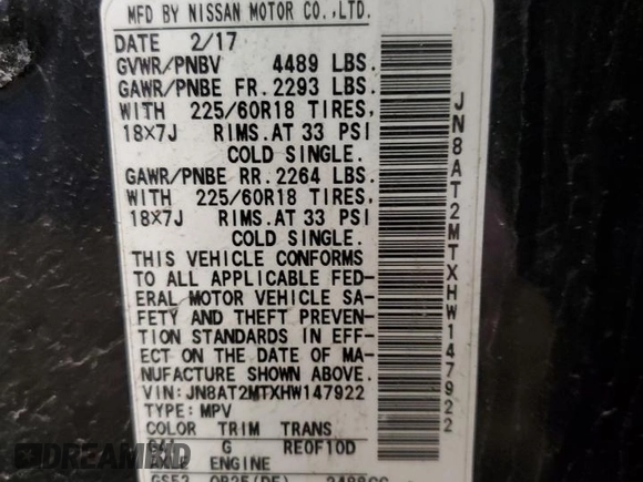 2017 Nissan Rogue SL with VIN JN8AT2MTXHW147922, listed as a Copart auction lot 52331195 with 66,265 mi miles and Salvage title. Bid and sale history available at DreamBid. Image 15.