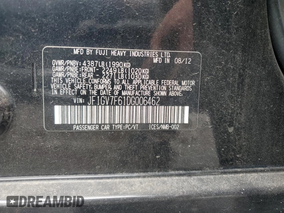 2013 Subaru WRX WRX Limited with VIN JF1GV7F61DG006462, listed as a Copart auction lot 61635435 with 168,673 mi miles and Clean title. Bid and sale history available at DreamBid. Image 12.
