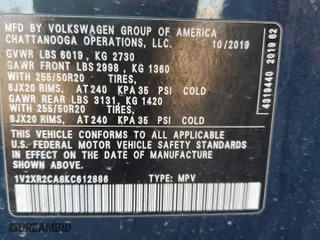 2019 Volkswagen Atlas 3.6L V6 SE w/Technology R-Line with VIN 1V2XR2CA8KC612886, listed as a Copart auction lot 42626945 with 0 mi miles and Salvage Title. Bid and sale history available at carsss.com. Image 13.