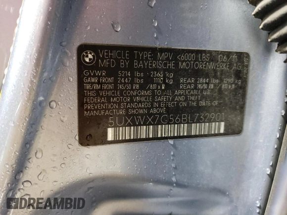2011 BMW X3 35i with VIN 5UXWX7C56BL732901, listed as a Copart auction lot 47145705 with 160,516 mi miles and Clean Title. Bid and sale history available at DreamBid. Image 12.