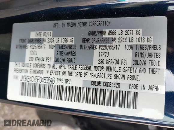 2015 Mazda CX-5 Touring with VIN JM3KE4CY5F0453646, listed as a IAAI auction lot 41740574 with 91,167 mi miles. Bid and sale history available at carsss.com. Image 9.