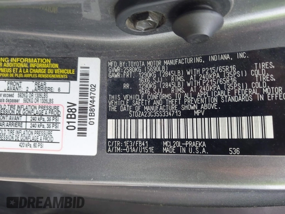 2005 Toyota Sienna CE with VIN 5TDZA23C35S334713, listed as a IAAI auction lot 42776085 with 192,370 mi miles and . Bid and sale history available at DreamBid. Image 9.