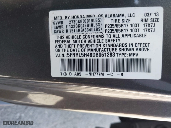 2013 Honda Odyssey EX with VIN 5FNRL5H48DB061283, listed as a IAAI auction lot 41987907 with 119,312 mi miles. Bid and sale history available at carsss.com. Image 9.