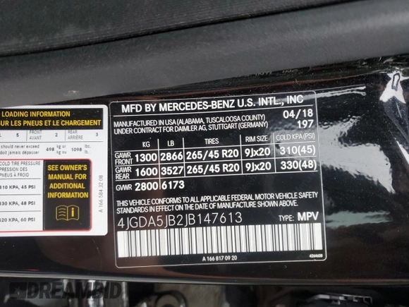 2018 Mercedes-Benz GLE 350 with VIN 4JGDA5JB2JB147613, listed as a Copart auction lot 58552385 with 93,788 mi miles and Salvage title. Bid and sale history available at DreamBid. Image 12.
