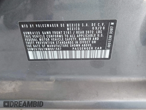 2021 Volkswagen Jetta S with VIN 3VWC57BU7MM001587, listed as a IAAI auction lot 42626242 with 39,548 mi miles and . Bid and sale history available at DreamBid. Image 9.