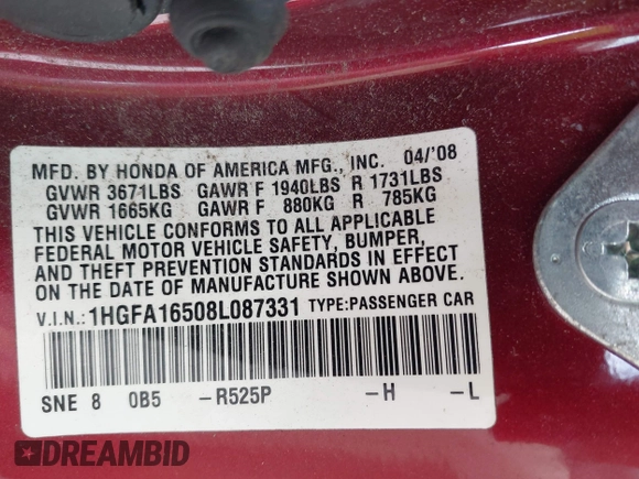 2008 Honda Civic LX with VIN 1HGFA16508L087331, listed as a IAAI auction lot 42163313 with 92,021 mi miles and . Bid and sale history available at DreamBid. Image 9.
