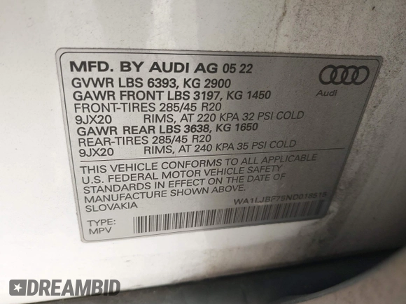 2022 Audi Q7 Premium Plus with VIN WA1LJBF75ND018515, listed as a IAAI auction lot 41413527 with 62,123 mi miles and . Bid and sale history available at DreamBid. Image 9.